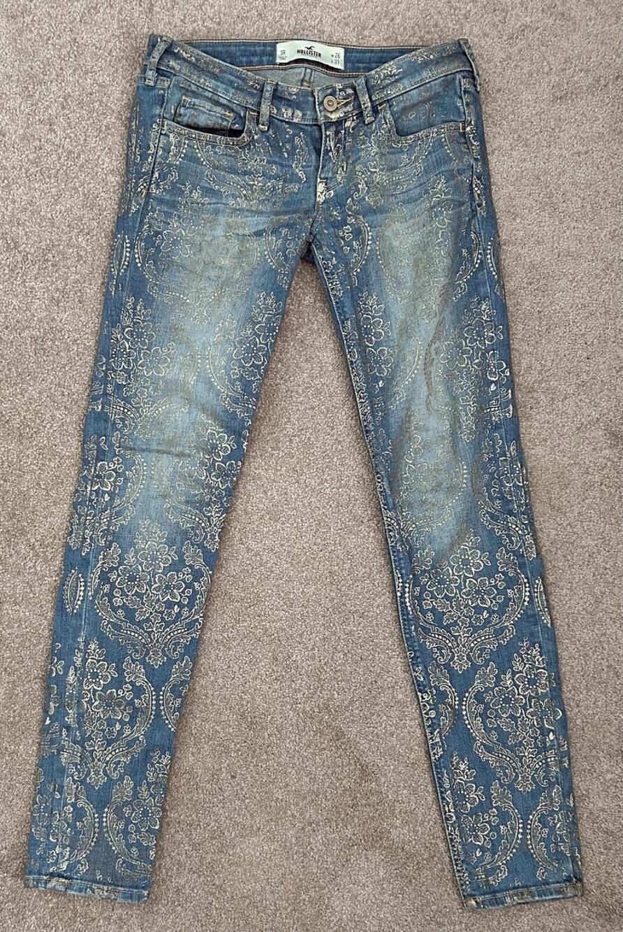 Hollister Denim Gold Foil Damask Print Jeans, W 26, L 31, Size 3